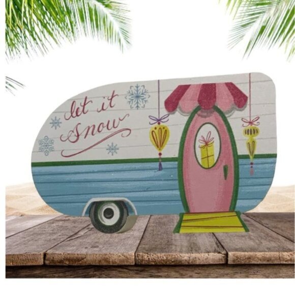 Christmas Camper Table Decor Wood Block Decoration Let it Snow Tropical - Picture 9 of 15
